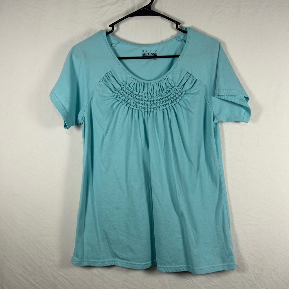 Basic Editions Blouse Women Large Blue Smocked Short Sleeve Scoop Neck‎ Top